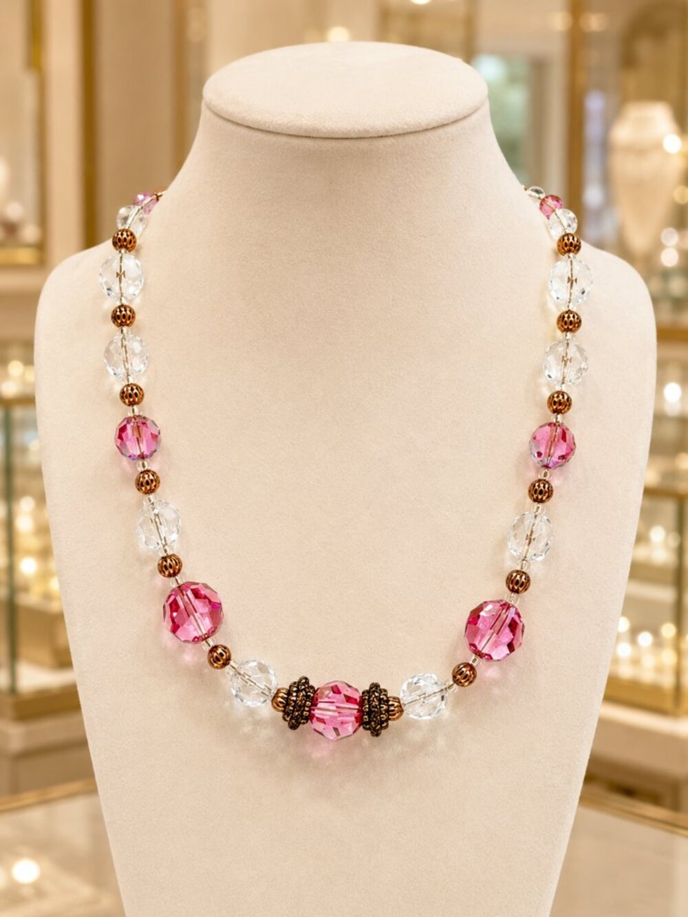Elegant Pink and Gold Crystal Beaded Necklace